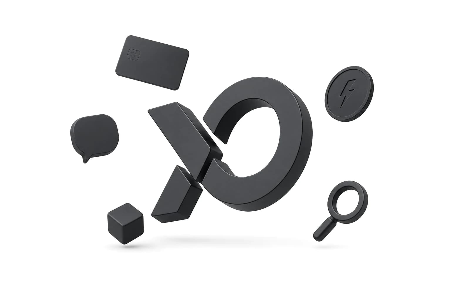 The Xona mark as a 3D object, with a card, a coin, a chat bubble, a cube and a magnifier floating around it