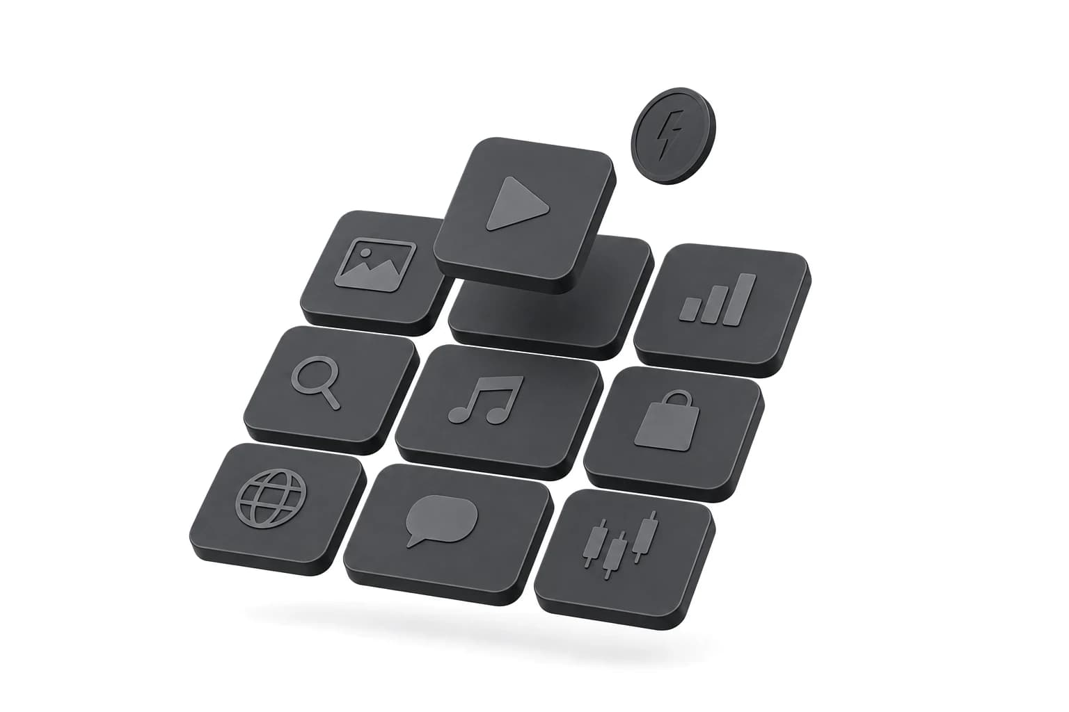 A grid of 3D tool tiles with one lifted out, next to a coin