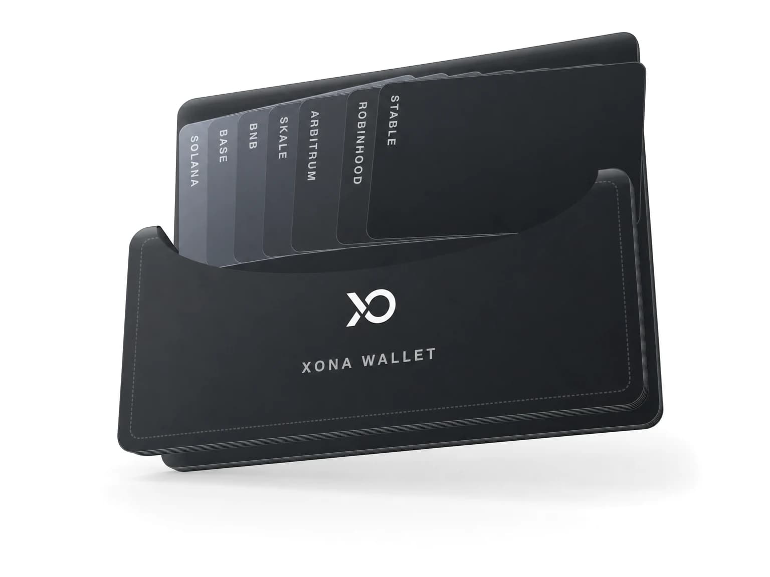 Xona Wallet as a 3D object, holding one card per network
